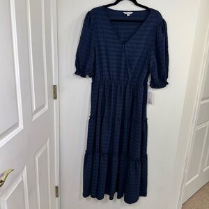 NWT Ophelia Roe Navy Faux Wrap Maxi Dress Tiered Textured Women's Large Boho